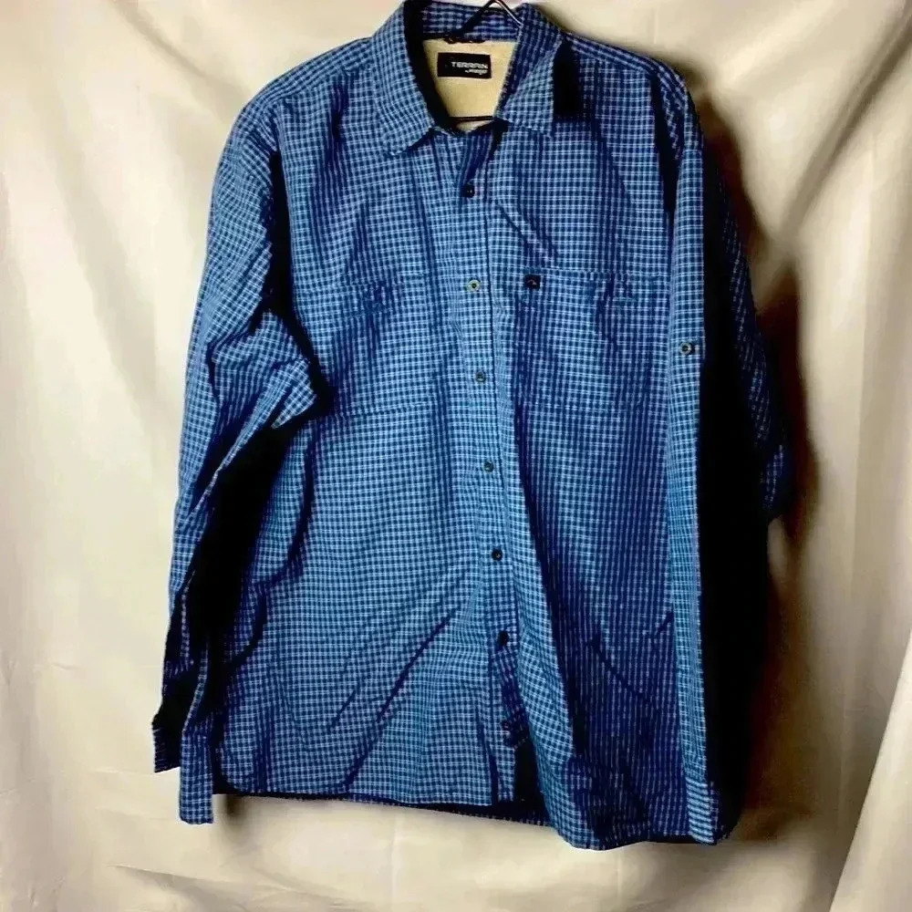 TERRAIN BY WRANGLER MENS SIZE XL  BLUE‎ BLACK PLAID LONG SLEEVE SHIRT
